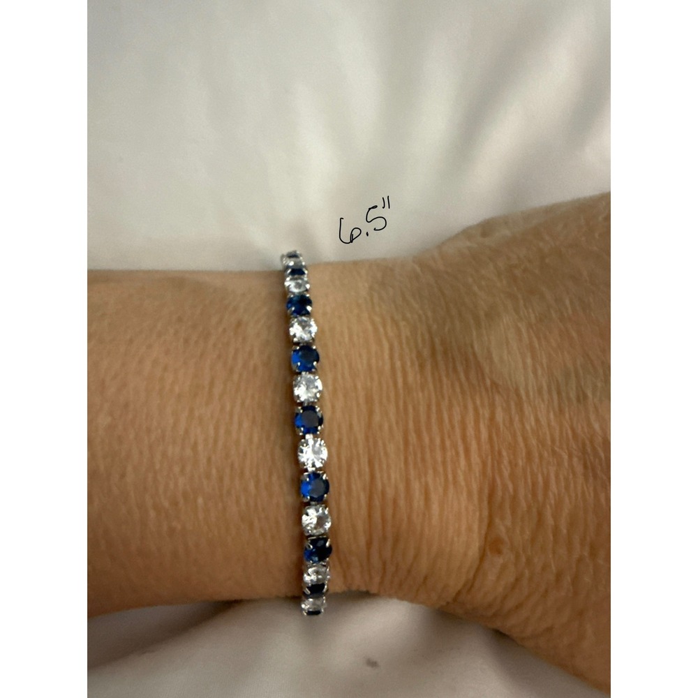 Tennis Bracelet Women's 6.5" Blue Clear CZ Excellent Silver Tone Link